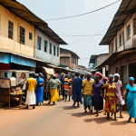 A bustling street scene in Conakry, Guinea. Focus on a diverse group of people, some well-dressed and others struggling. Capture the contrast between modern buildings and informal market stalls. Include vibrant colors and a sense of everyday life, hinting at the struggle for survival amidst opportunities. Use natural lighting and a slightly gritty, realistic style.