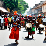 Cultural Celebration**

"A vibrant street scene during Guinea's Independence Day celebration, featuring traditionally dressed people in colorful "lapi" fabric, fully clothed, participating in a traditional dance accompanied by drummers and balafon players, safe for work, appropriate content, family-friendly, perfect anatomy, correct proportions, natural pose, professional photography, high quality, modest clothing, appropriate attire."

**