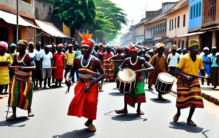 Cultural Celebration**
"A vibrant street scene during Guinea's Independence Day celebration, featuring traditionally dressed people in colorful "lapi" fabric, fully clothed, participating in a traditional dance accompanied by drummers and balafon players, safe for work, appropriate content, family-friendly, perfect anatomy, correct proportions, natural pose, professional photography, high quality, modest clothing, appropriate attire."
**