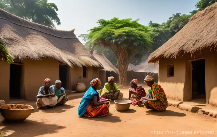 기니에서 전통 가옥과 현대식 주거 형태 비교 - Prompt 1: A Vibrant Traditional Guinean Village Courtyard**