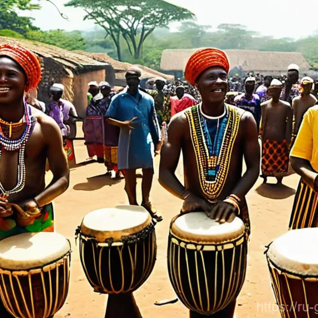 기니 전통 춤과 음악 - **Guinean Celebration of Rhythm and Dance:** A vibrant, high-energy scene capturing a community cele...