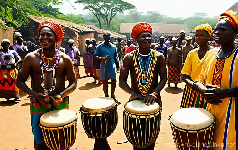 기니 전통 춤과 음악 - **Guinean Celebration of Rhythm and Dance:** A vibrant, high-energy scene capturing a community cele...