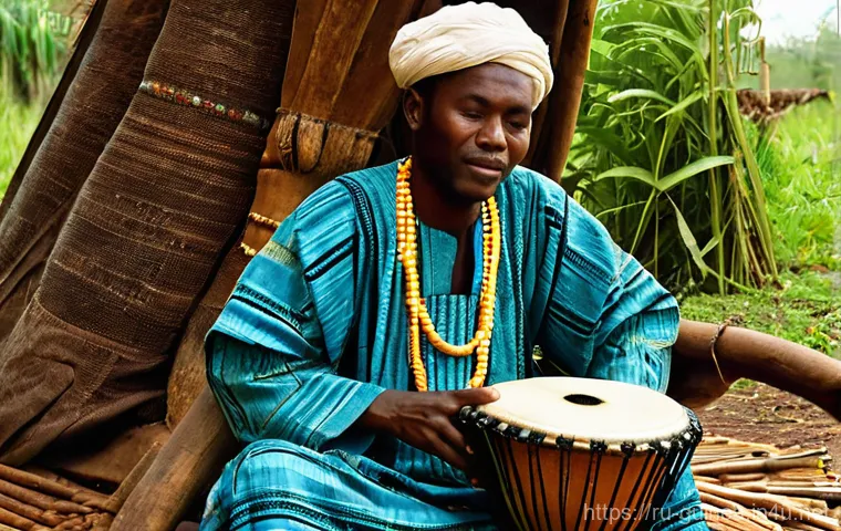 기니 전통 춤과 음악 - **Guinean Celebration of Rhythm and Dance:** A vibrant, high-energy scene capturing a community cele...
