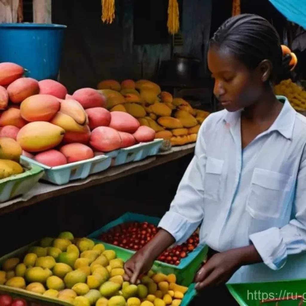 기니 여행 시 주의할 점 - **Prompt:** A bustling, vibrant Guinean market scene at golden hour. A respectfully dressed female t...