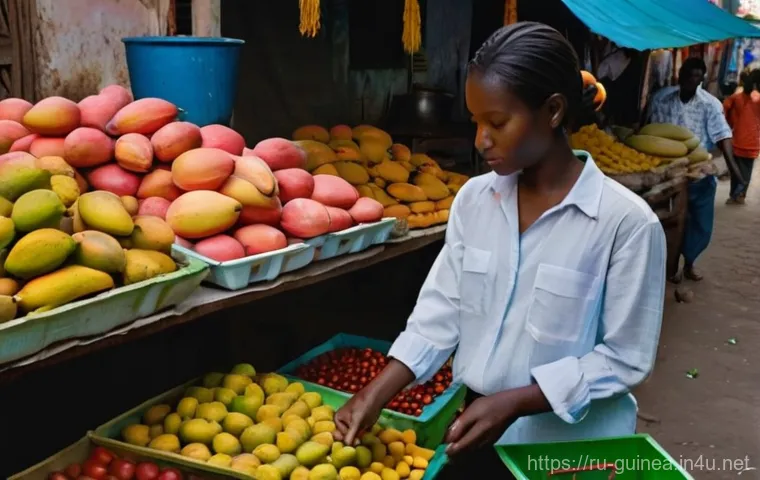 기니 여행 시 주의할 점 - **Prompt:** A bustling, vibrant Guinean market scene at golden hour. A respectfully dressed female t...