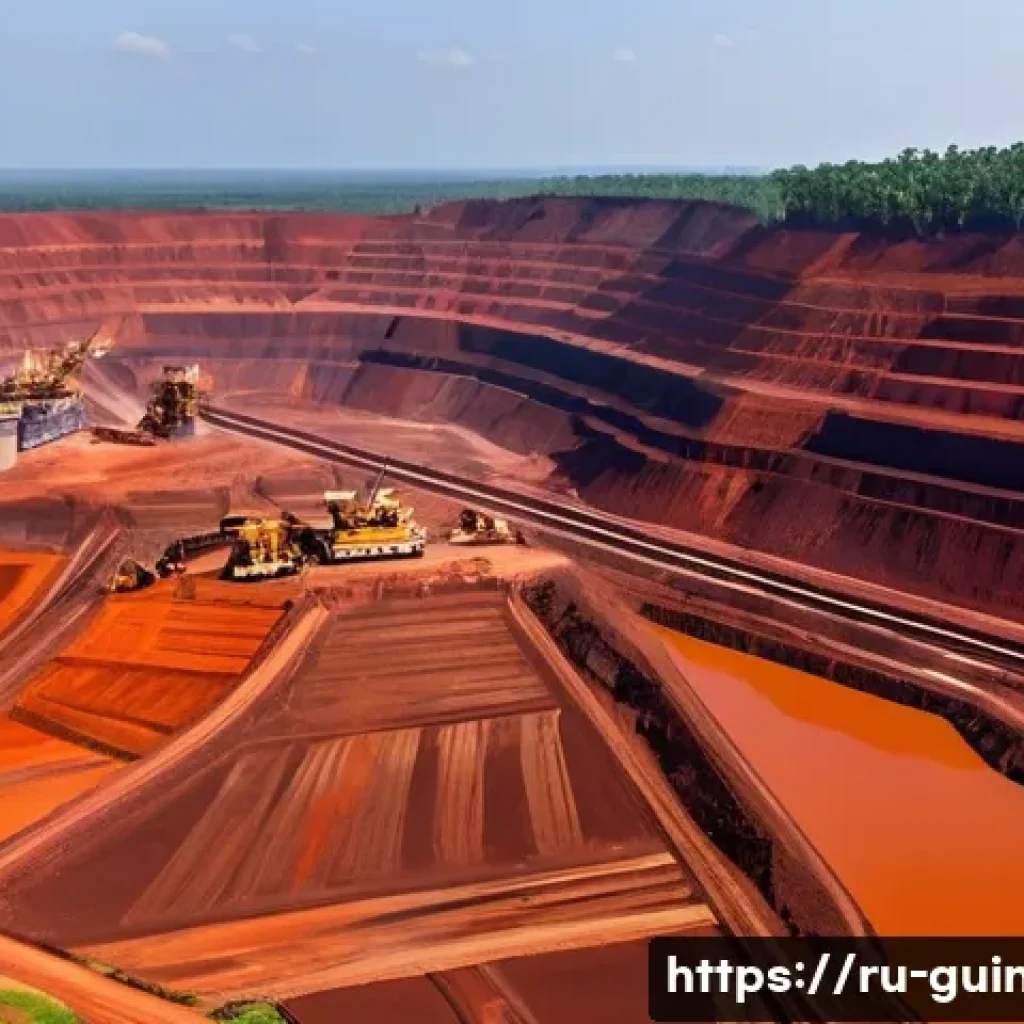 기니에서 생산되는 주요 수출품 - **Guinean Bauxite Mine: Red Gold for the World.**
    An expansive, cinematic view of a colossal ope...