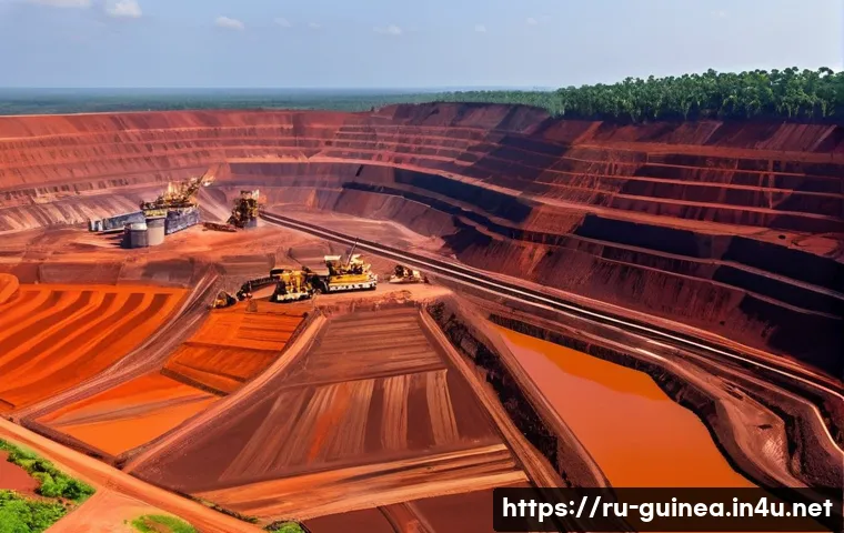 기니에서 생산되는 주요 수출품 - **Guinean Bauxite Mine: Red Gold for the World.**
    An expansive, cinematic view of a colossal ope...