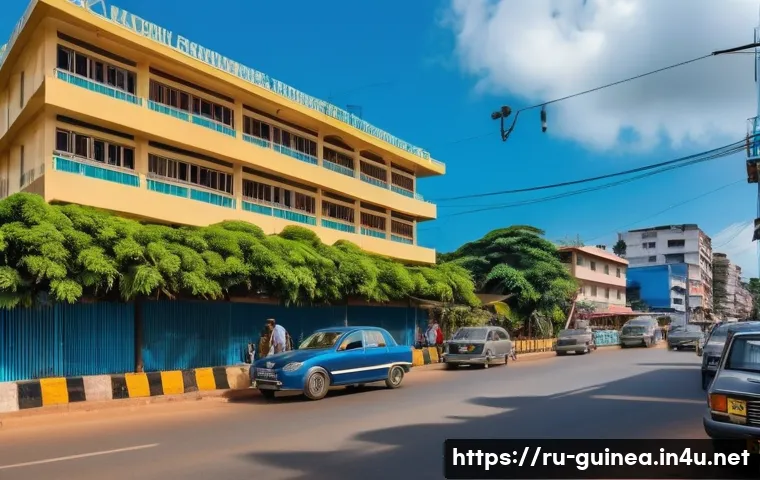 기니에서 주재하는 외국 대사관 및 영사관 정보 - A vibrant street scene in Kaloum district, Conakry, Guinea, featuring several foreign embassies incl...