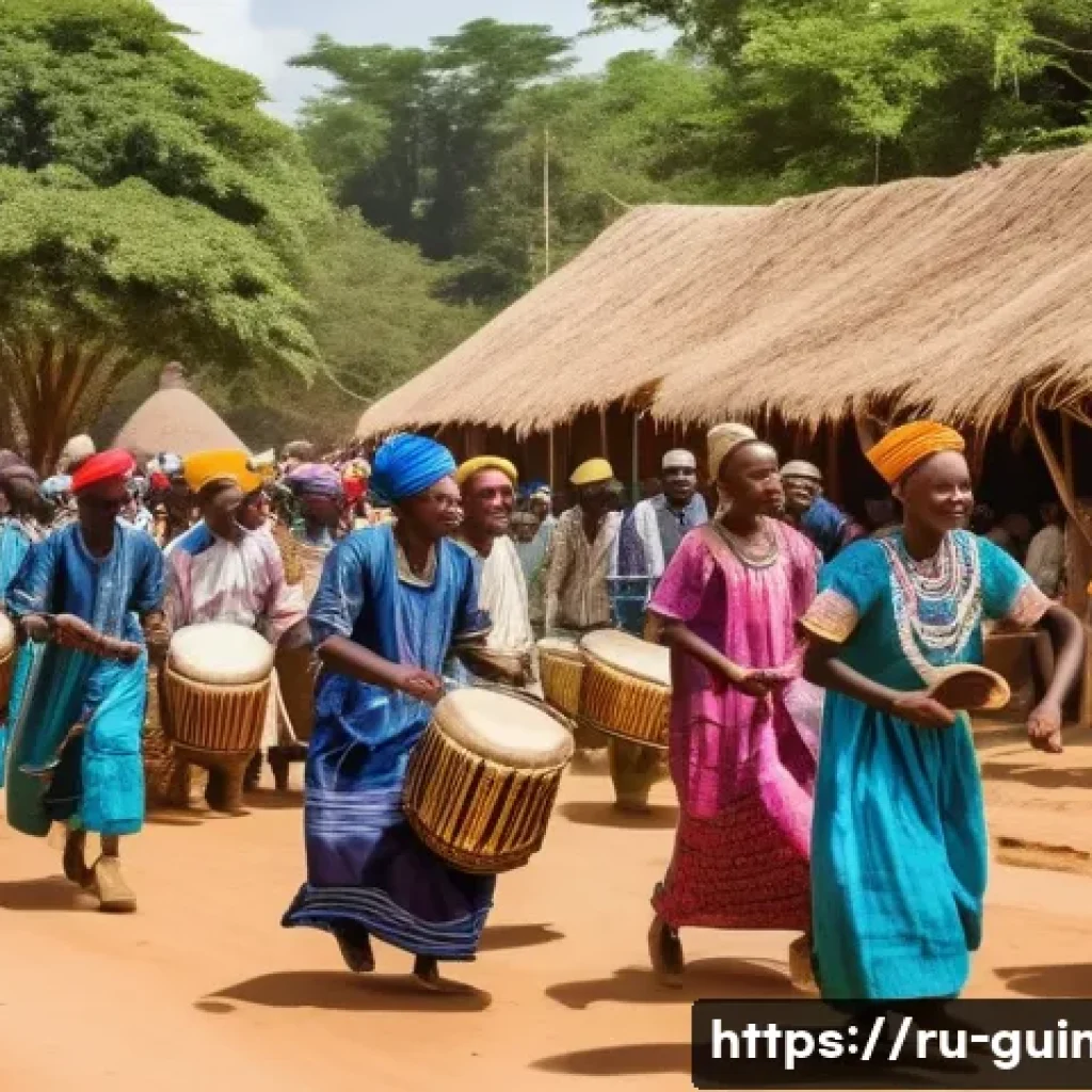 기니에서 즐길 수 있는 가장 독특한 체험 - A vibrant scene of a traditional Fulbe village festival in Guinea, featuring men and women dressed i...
