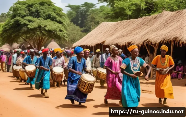기니에서 즐길 수 있는 가장 독특한 체험 - A vibrant scene of a traditional Fulbe village festival in Guinea, featuring men and women dressed i...