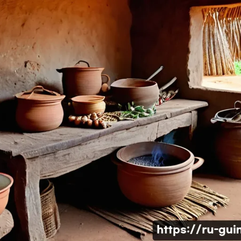 기니에서 가장 맛있는 로컬 음식 - A vibrant traditional Guinean kitchen scene showing a rustic clay pot on an open fire stove with pal...