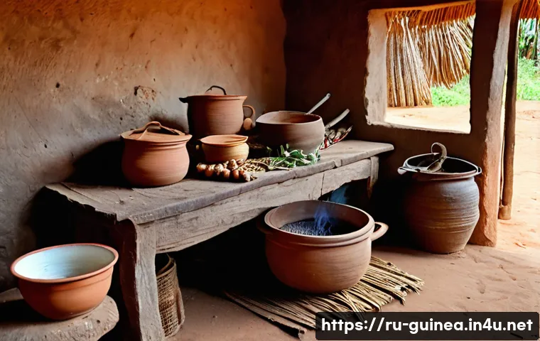 기니에서 가장 맛있는 로컬 음식 - A vibrant traditional Guinean kitchen scene showing a rustic clay pot on an open fire stove with pal...
