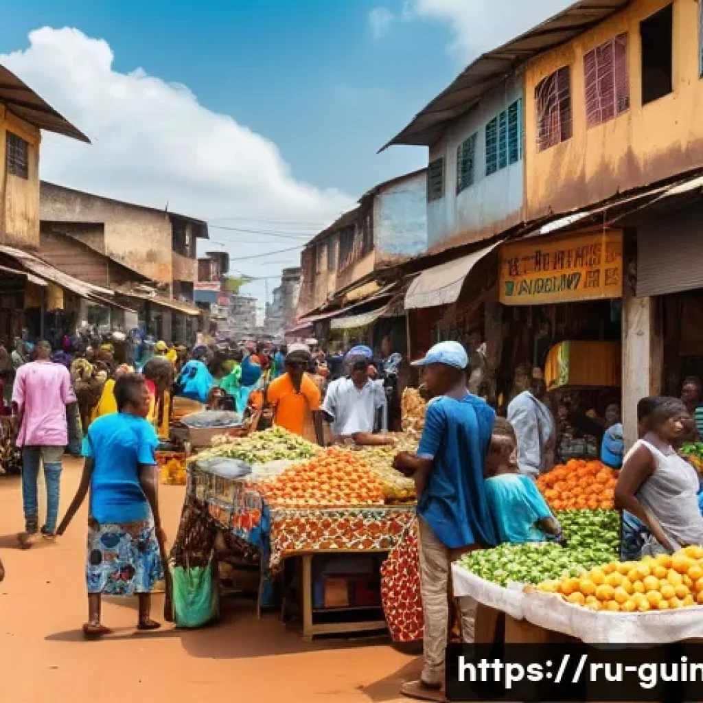 기니 청년 실업률 현황 - A detailed urban scene in Conakry, Guinea, showing young adults in casual but modest clothing engagi...