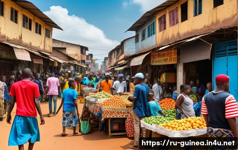 기니 청년 실업률 현황 - A detailed urban scene in Conakry, Guinea, showing young adults in casual but modest clothing engagi...