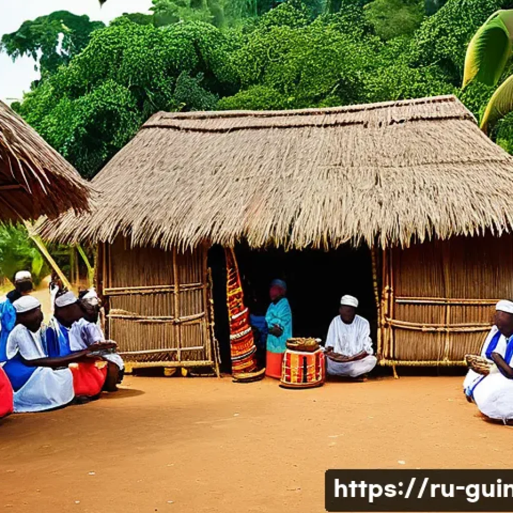 기니의 주요 종교와 종교적 관습 - A vibrant scene of a Guinean village during a traditional harvest festival, featuring men and women ...
