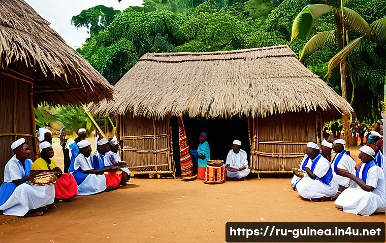 기니의 주요 종교와 종교적 관습 - A vibrant scene of a Guinean village during a traditional harvest festival, featuring men and women ...