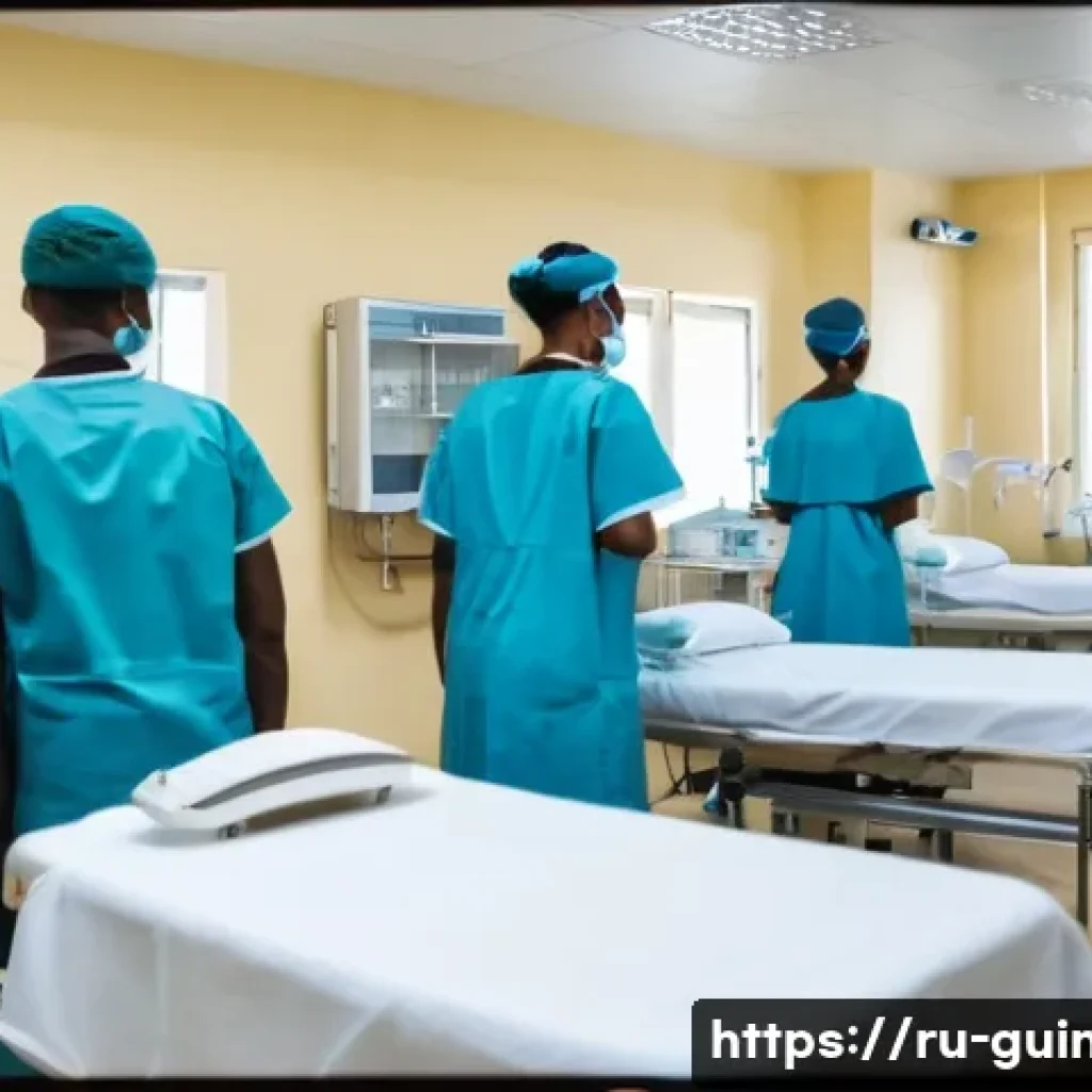 기니의 의료 환경 및 병원 정보 - A modern urban hospital scene in Conakry, Guinea, showing a spacious, well-equipped diagnostic and s...