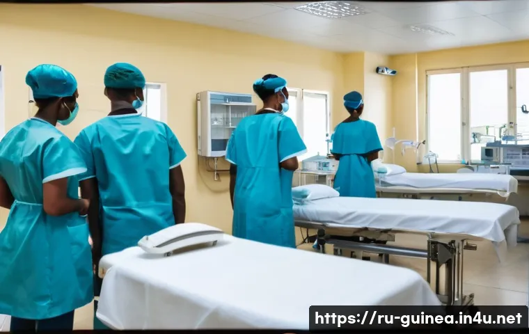 기니의 의료 환경 및 병원 정보 - A modern urban hospital scene in Conakry, Guinea, showing a spacious, well-equipped diagnostic and s...