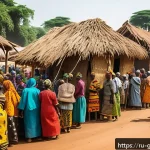 기니 부족 간 정치적 갈등 - A vibrant traditional market scene in Guinea featuring diverse ethnic groups such as Fulbe, Mandinka...