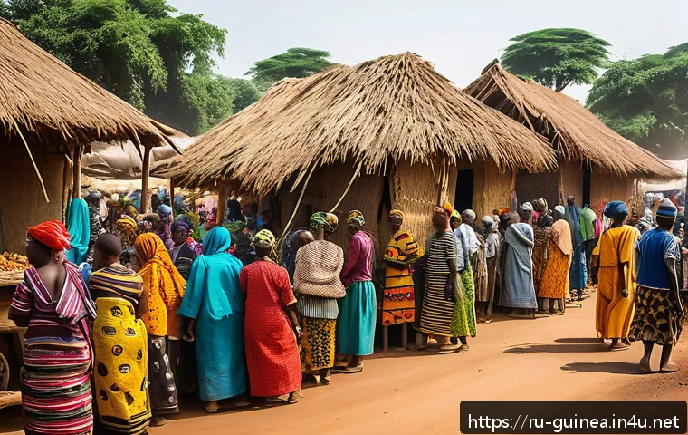 기니 부족 간 정치적 갈등 - A vibrant traditional market scene in Guinea featuring diverse ethnic groups such as Fulbe, Mandinka...