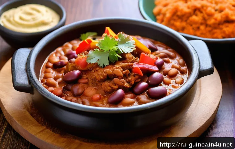 기니의 특산물과 요리 - A vibrant traditional Guinean meal spread on a large wooden platter, featuring richly spiced stewed ...