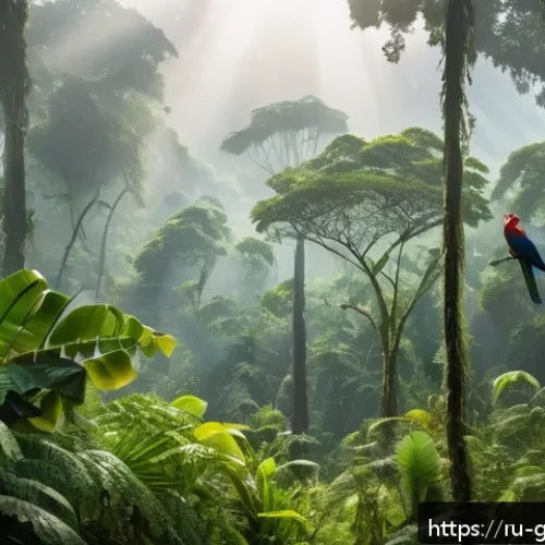 기니에서 경험할 수 있는 사파리 투어 - A vibrant tropical forest scene in Guinea during the rainy season, showcasing dense, lush greenery w...