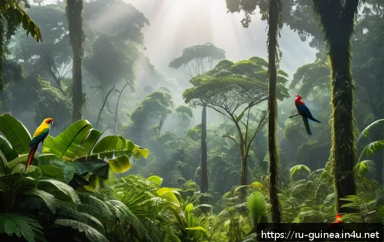 기니에서 경험할 수 있는 사파리 투어 - A vibrant tropical forest scene in Guinea during the rainy season, showcasing dense, lush greenery w...