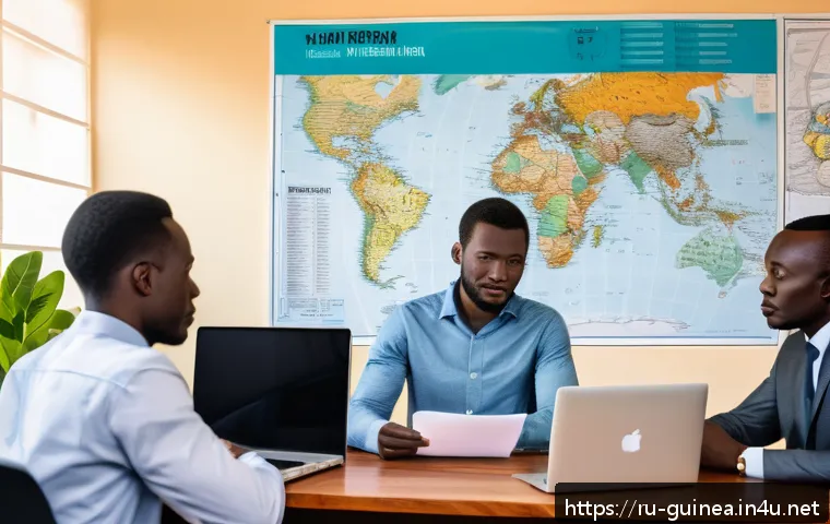 기니에서 사업할 때 필요한 법률 조언 - A modern office setting in Conakry, Guinea, showing a diverse group of business professionals engage...