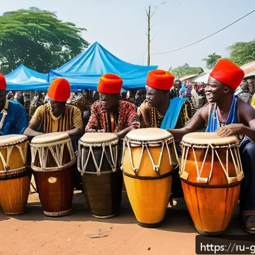 기니에서 열리는 음악 및 댄스 페스티벌 - A vibrant outdoor festival scene near Conakry’s outskirts during late March, showcasing a group of G...