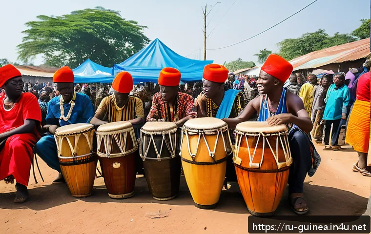 기니에서 열리는 음악 및 댄스 페스티벌 - A vibrant outdoor festival scene near Conakry’s outskirts during late March, showcasing a group of G...