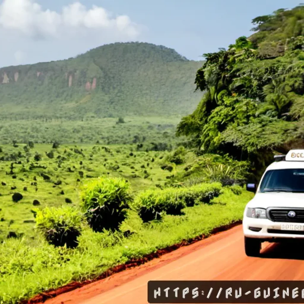 기니에서 장거리 이동 시 추천 교통수단 - Photorealistic documentary travel scene in Guinea, a sturdy white 4x4 bush taxi traveling along a re...