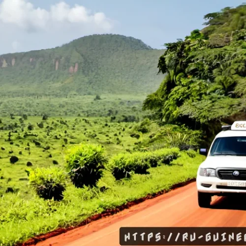 기니에서 장거리 이동 시 추천 교통수단 - Photorealistic documentary travel scene in Guinea, a sturdy white 4x4 bush taxi traveling along a re...