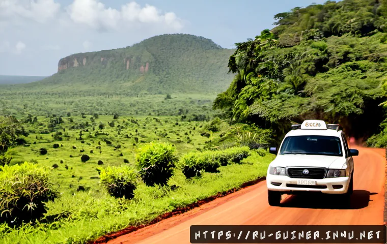 기니에서 장거리 이동 시 추천 교통수단 - Photorealistic documentary travel scene in Guinea, a sturdy white 4x4 bush taxi traveling along a re...