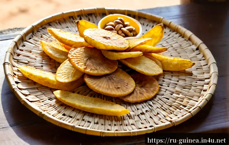 기니에서 전통적으로 소비되는 스낵 - Photorealistic close-up of traditional Guinean snack foods on a woven bamboo tray: golden fried plan...